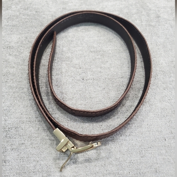 CALVIN KLEIN FANCY BROWN LEATHER THIN PANTS BELT GOLD METAL SQUARE BUCKLE SZ L. - Picture 2 of 8